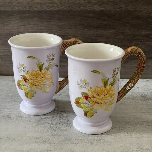 April Cornell Silvestri Vintage Set of Two Mugs Yellow Floral Faux Bois Handles - Picture 2 of 10